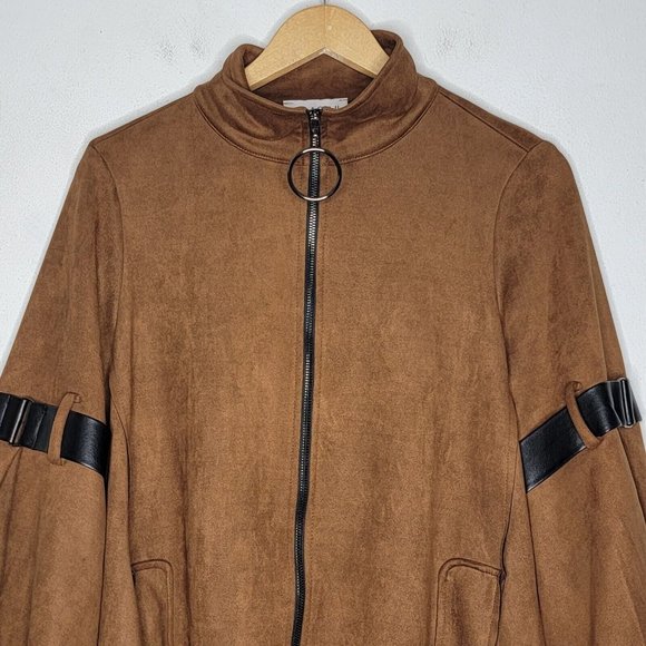 Joseph Ribkoff Size 8 Brown Vegan Suede Swing Jacket Bell Sleeves Full Zip‎ - Picture 4 of 5